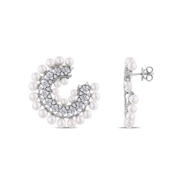 Серебряные серьги с крупным жемчугом и цирконами из коллекции Gift