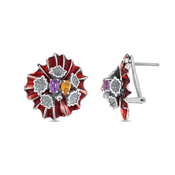 Gallica Red Enamel Colored Stone 3D Flower Silver Earrings