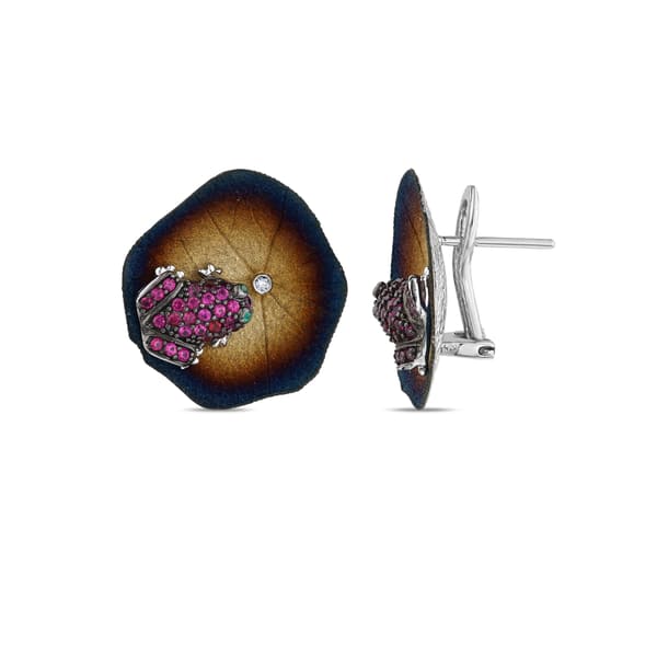 Global Warming Burnt Enamel Pink Stone Frog Figure Silver Earrings