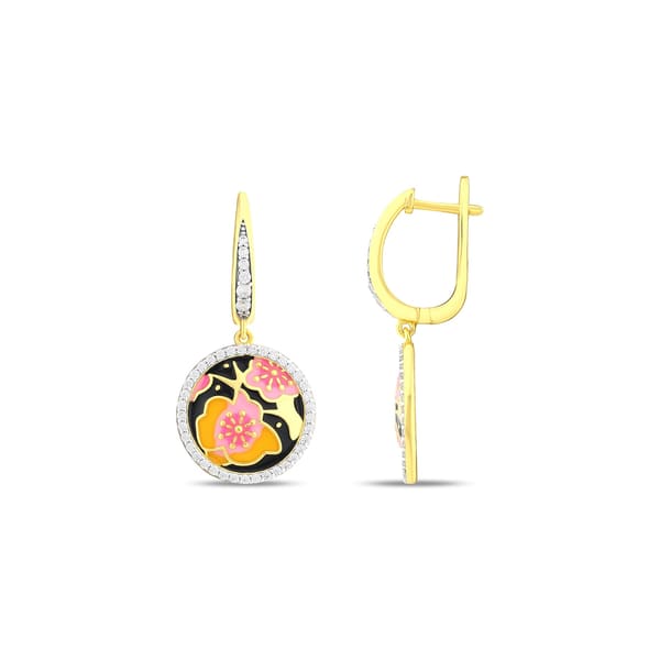 Heaven Black Enamel Floral Pattern Stone-Framed Dangle Earrings