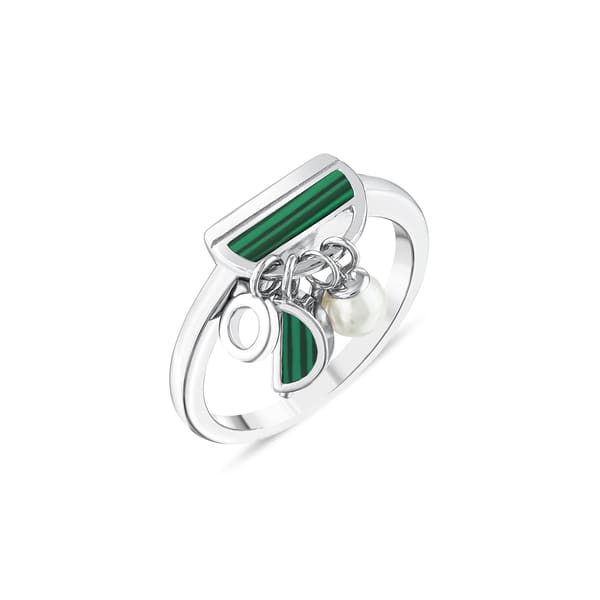 Lucky Gems Collection Malachite and Pearl Dangle Silver Ring