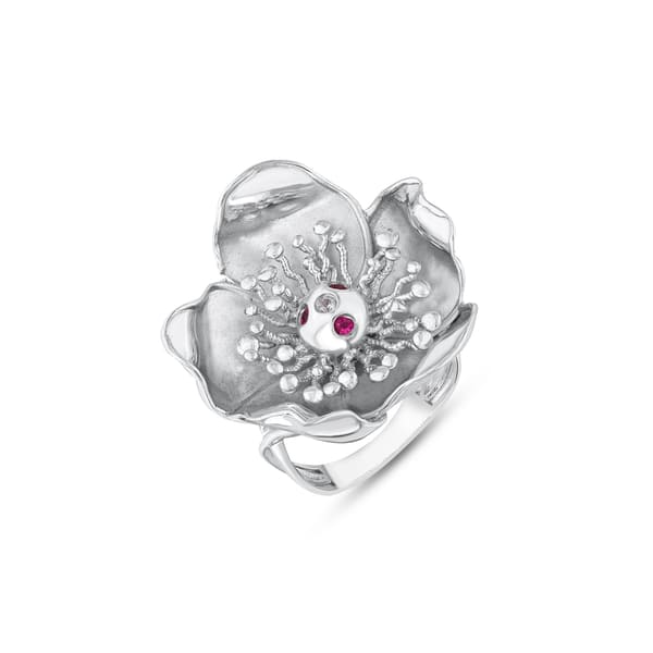 Gallica Silver Ring with Pink Stone and Bud Detail