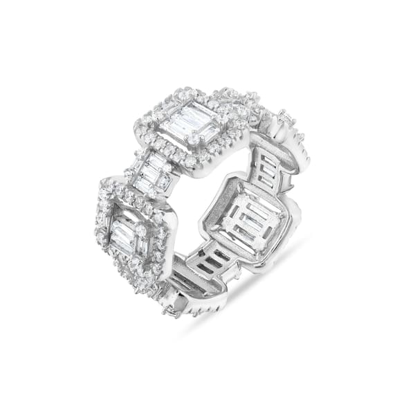 Baguette Collection Baguette & Round White Stone Full Eternity Silver Ring