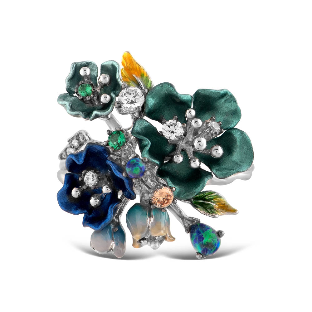 Primrose Yeşil Çiçek Tasarımlı Model-1 Mineli Gümüş Yüzük