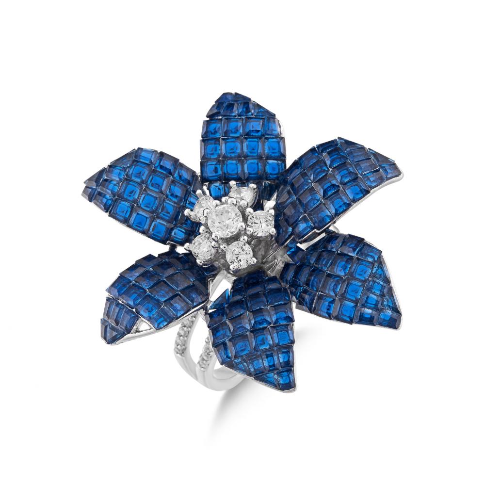 Eclat Mavi Çiçek Tasarımlı Yuvarlak Gümüş Yüzük