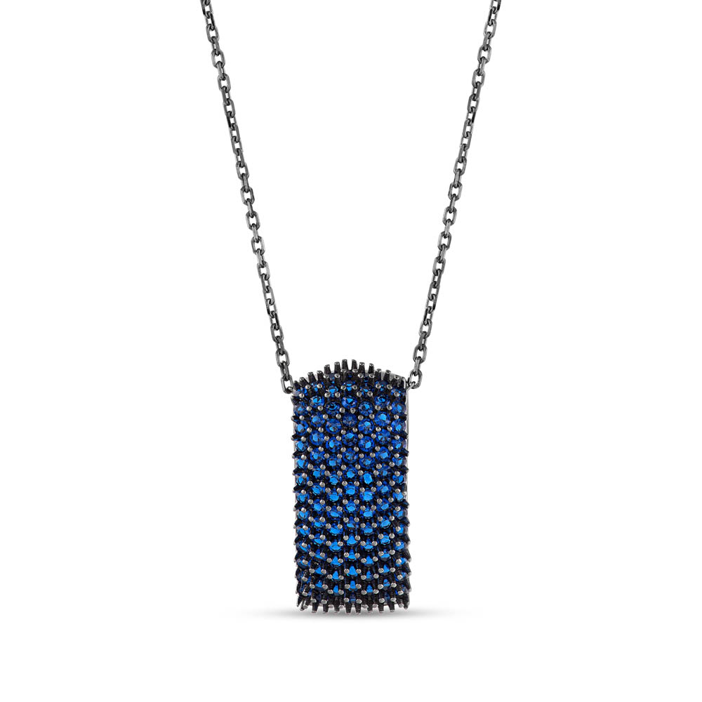 Hedgehog Mavi Bombeli Dikdörtgen Tasarımlı Rodajlı Gümüş Kolye