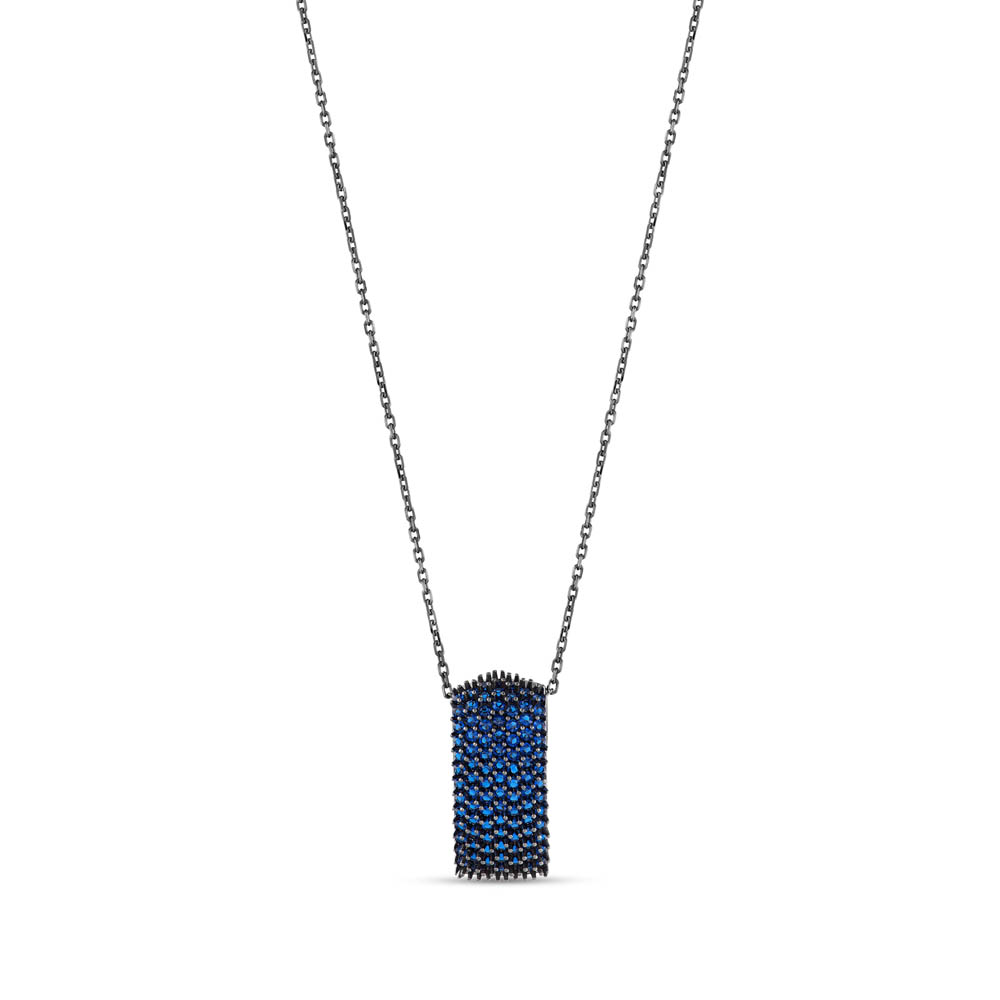 Hedgehog Mavi Bombeli Dikdörtgen Tasarımlı Rodajlı Gümüş Kolye