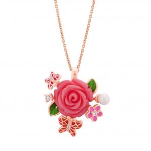 Rosered Kelebekli Gül Tasarımlı Rose Altın Kaplama Gümüş Kolye