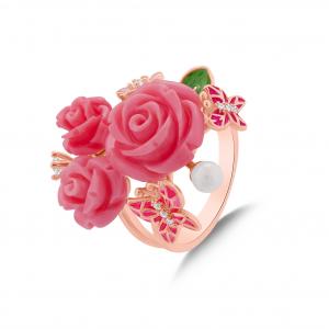 Rosered Kelebekli Gül Buketi Rose Altın Kaplama Gümüş Yüzük