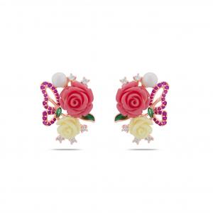 Rosered Kelebekli Gül Tasarımlı Rose Altın Renkli Gümüş Küpe