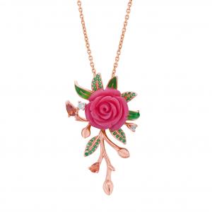 Rosered Yapraklı Gül Tasarımlı Rose Altın Renkli Gümüş Kolye